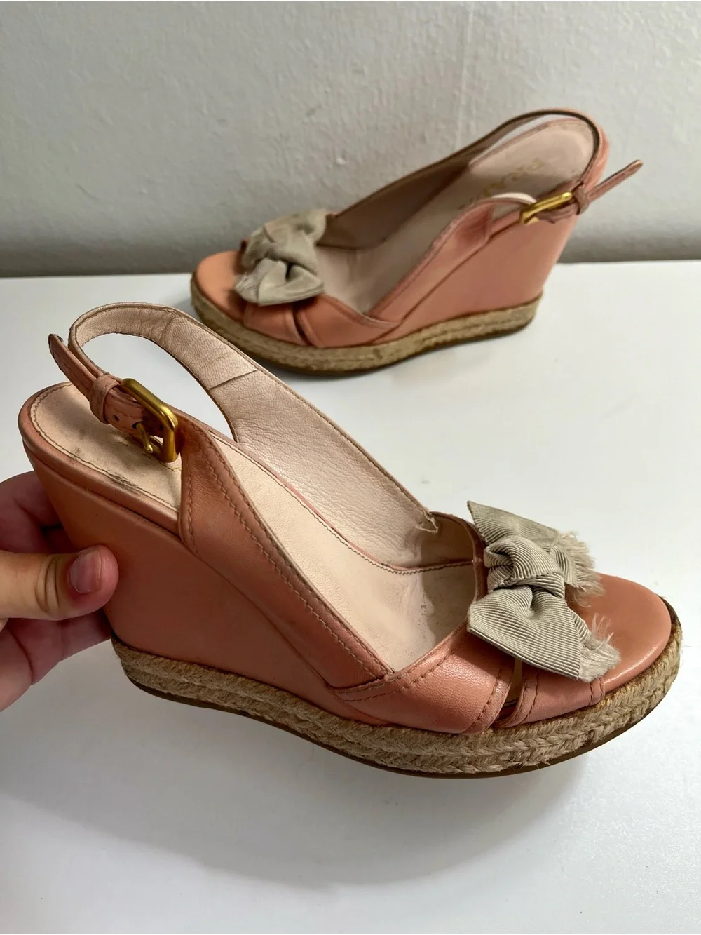 Prada Leather Bow Slingback Espadrille Wedge Sandals Size 36.5